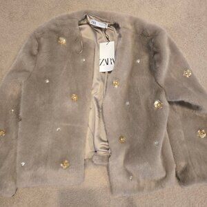 Zara NWT Sequin Embellished Fur Coat M
